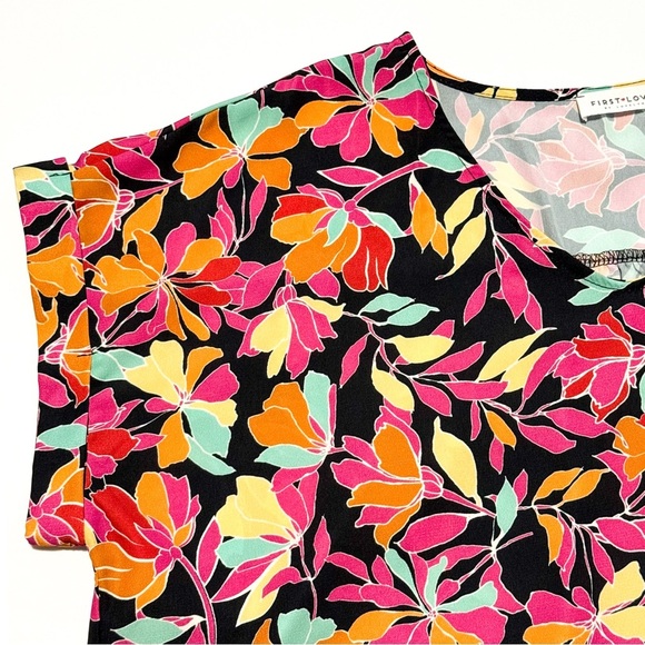 Women Floral V-Neck Top L Boho Vibrant Tropical Flowy Beachy Cruise Resort - Picture 9 of 12